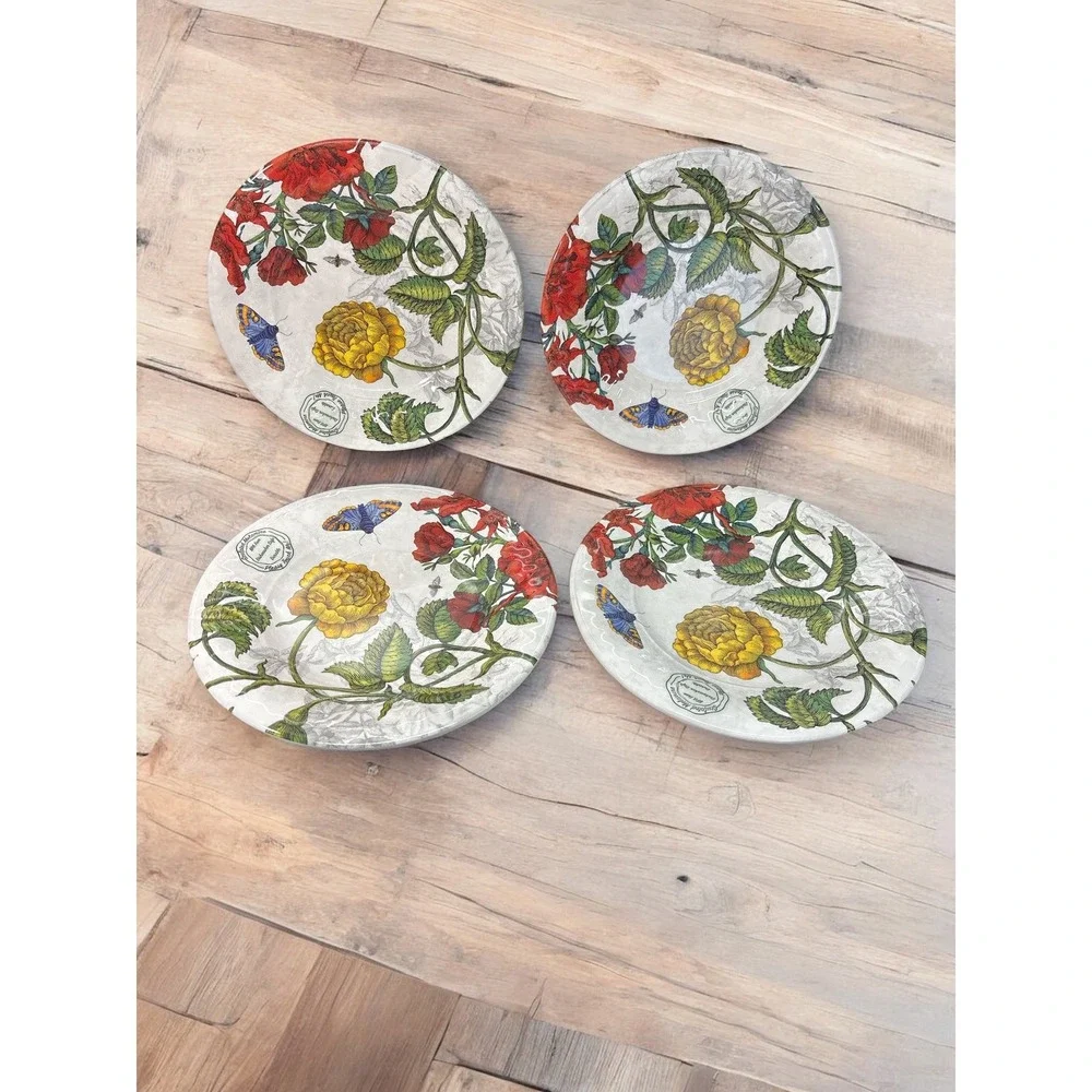 Pier 1 Floral Butterflies Melamine Luncheon Plates 8.5 Inch 4 PCS Botanical‎ NEW
